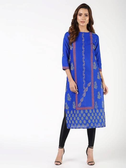 Aniyah Cotton Block Printed Straight Kurta Blue (AN-140K) - Swadesiicart
