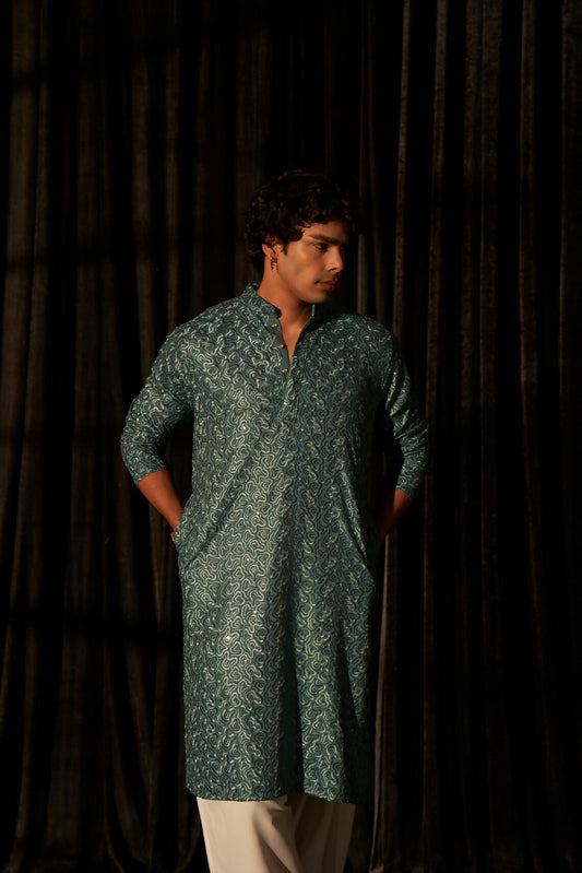 Cyan Blue Viscose Chikankari Embroidery Work Men's Kurta Set - Mahotsav | Swadesiicart