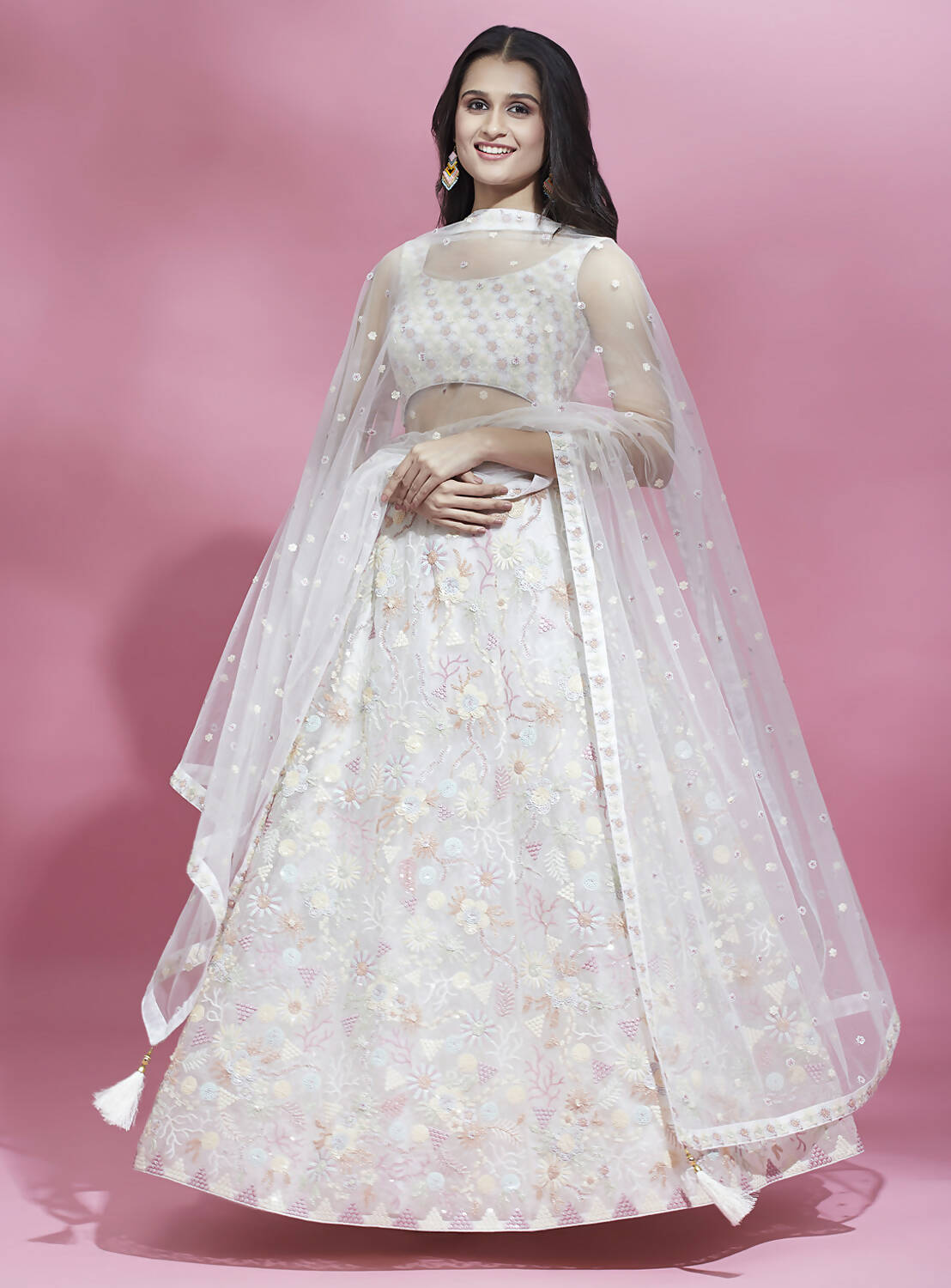 House of Panchhi Cream Net heavy Sequinse embroidery Lehenga choli & Dupatta | Swadesiicart