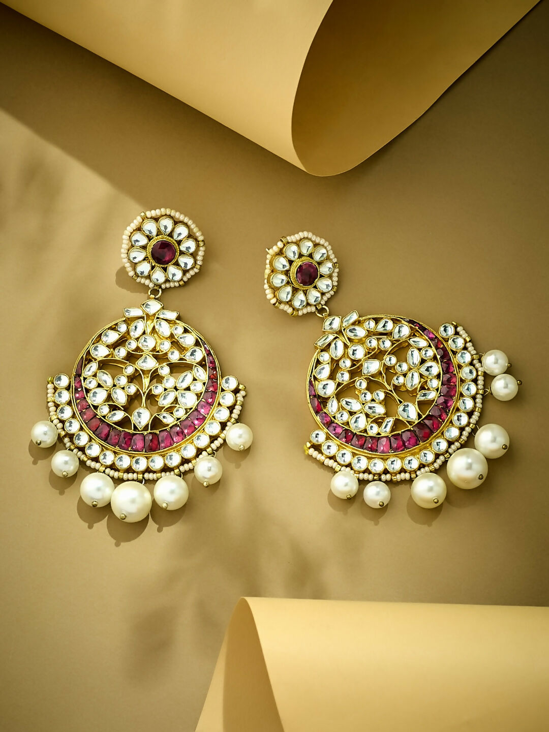 Nuyug 22K Gold-Plated Elegant Ruby & Kundan Stone Studded With Pearl Beaded Floral Chandbalis | Swadesiicart