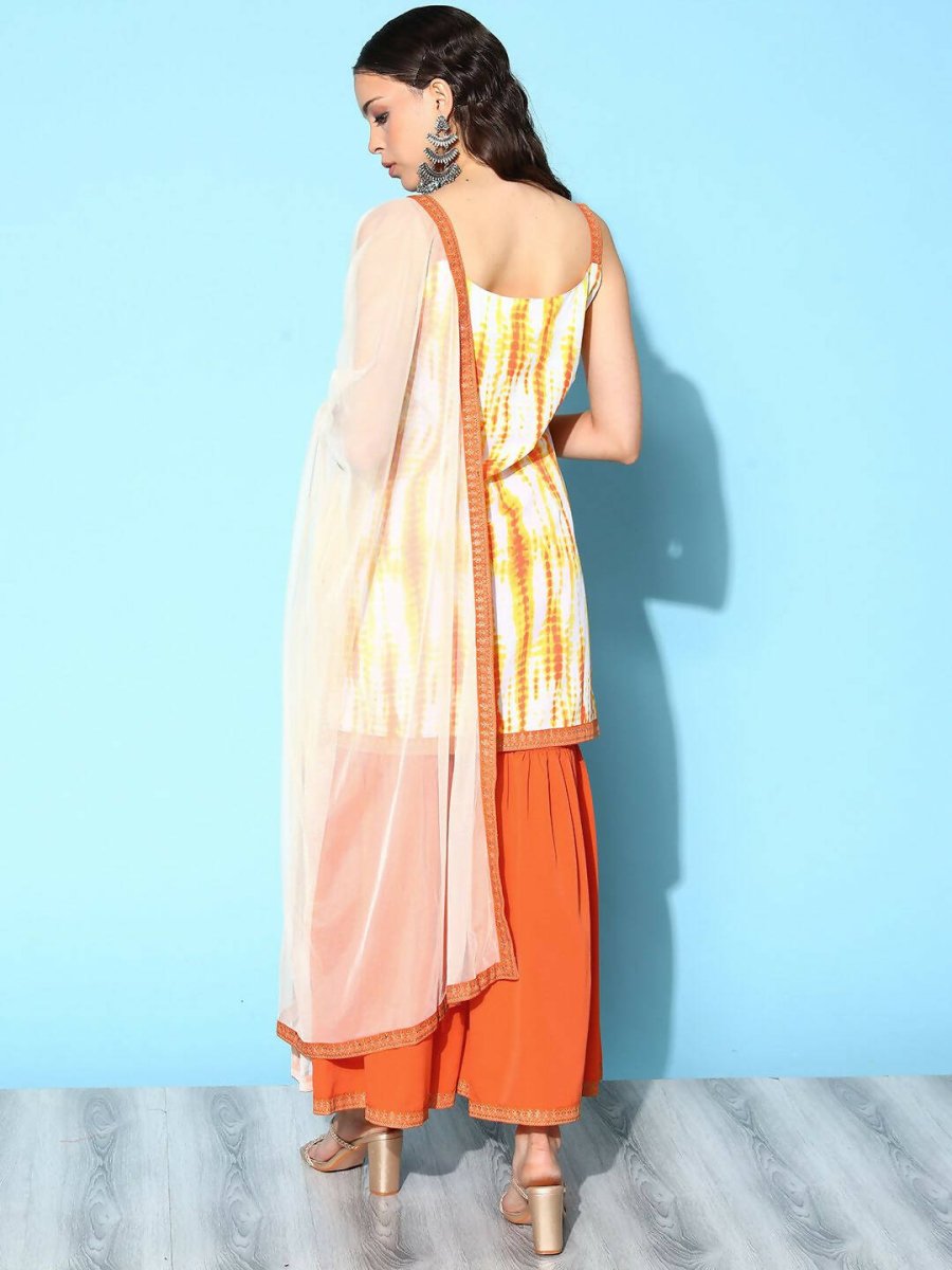Ahalyaa Women's Orange Crepe Printed Kurta Sharara Set With Dupatta | Swadesiicart