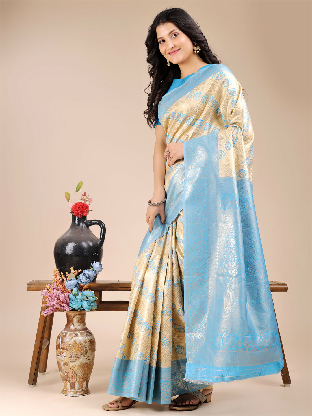 Astita Aura Silk Cream Sky Blue Banarasi Silk Saree | Swadesiicart