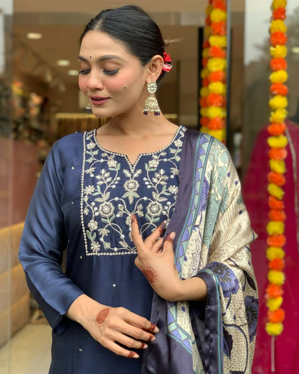 The52 Navy Blue Women's Beautiful Viscose Chanderi Fabric Embroidered Work Straight Kurta Pant and Dupatta Set - Swadesiicart