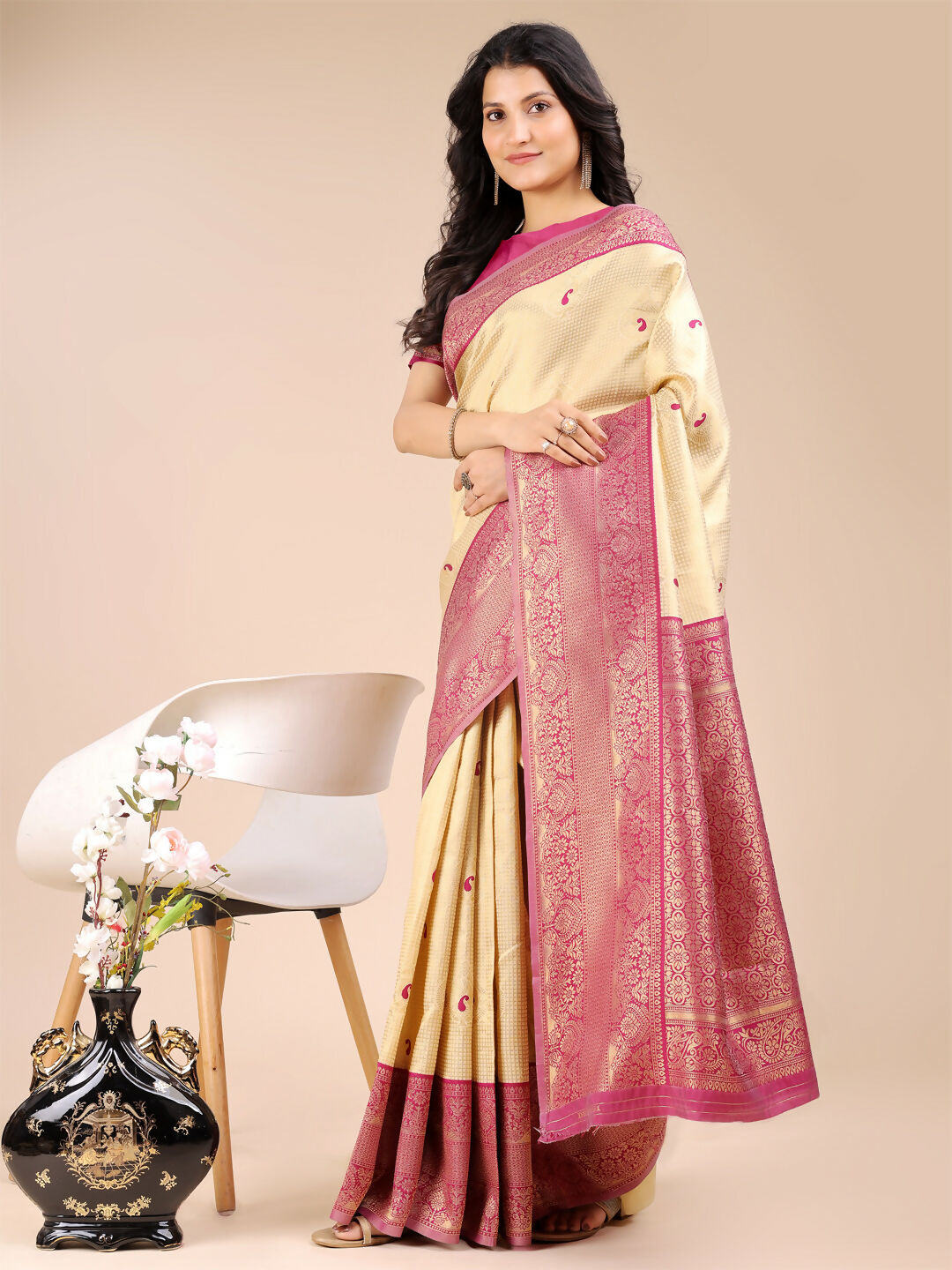 Astita Aura Silk Cream Magenta Banarasi Silk Saree | Swadesiicart