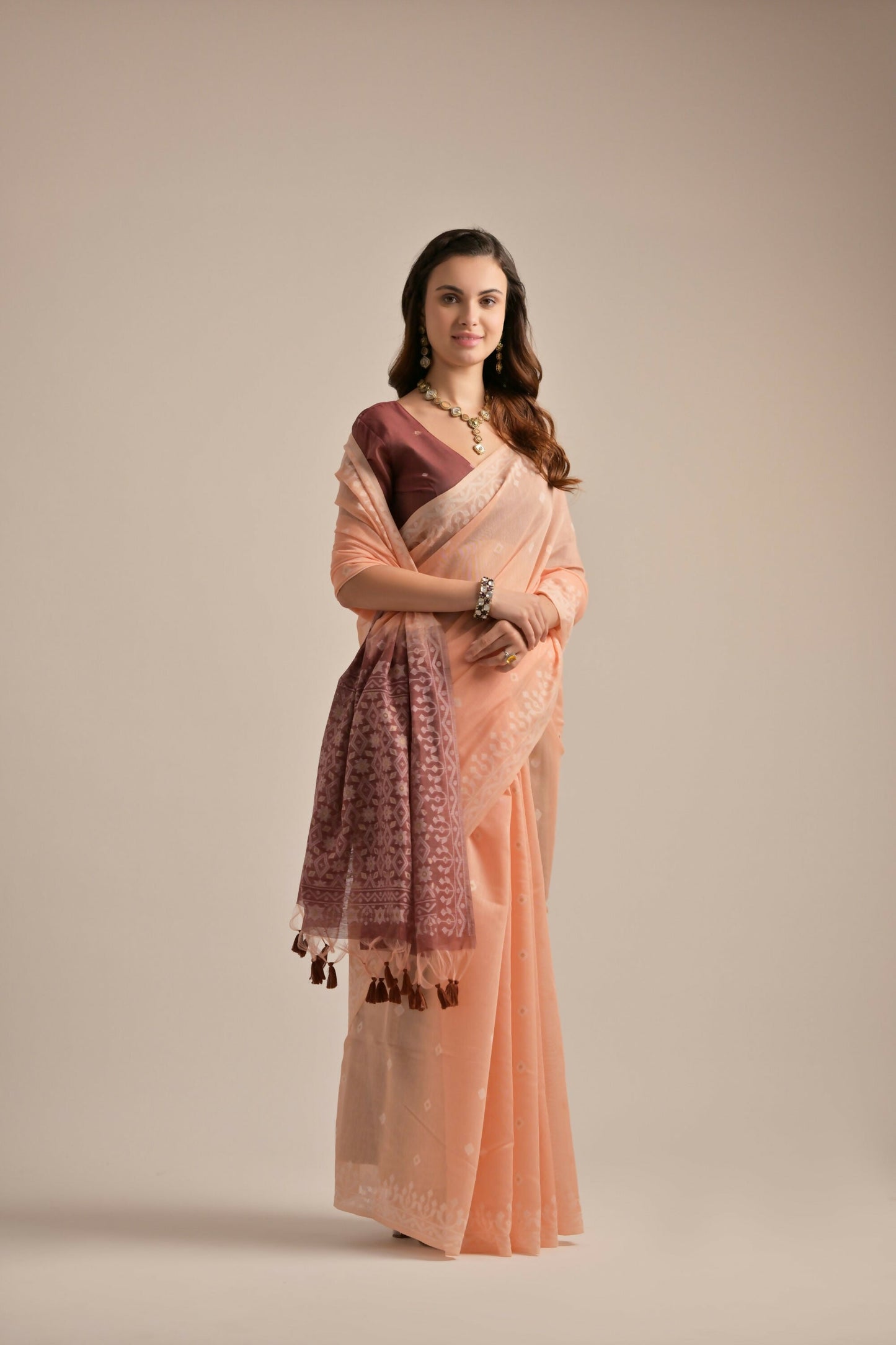 Vishnu Weaves Women's Peach Muga Cotton Woven Saree with Blouse - Swadesiicart