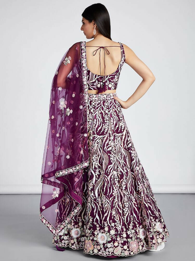 House of Panchhi Burgundy Net Sequins And Thread Embroidery Lehenga Choli & Dupatta | Swadesiicart