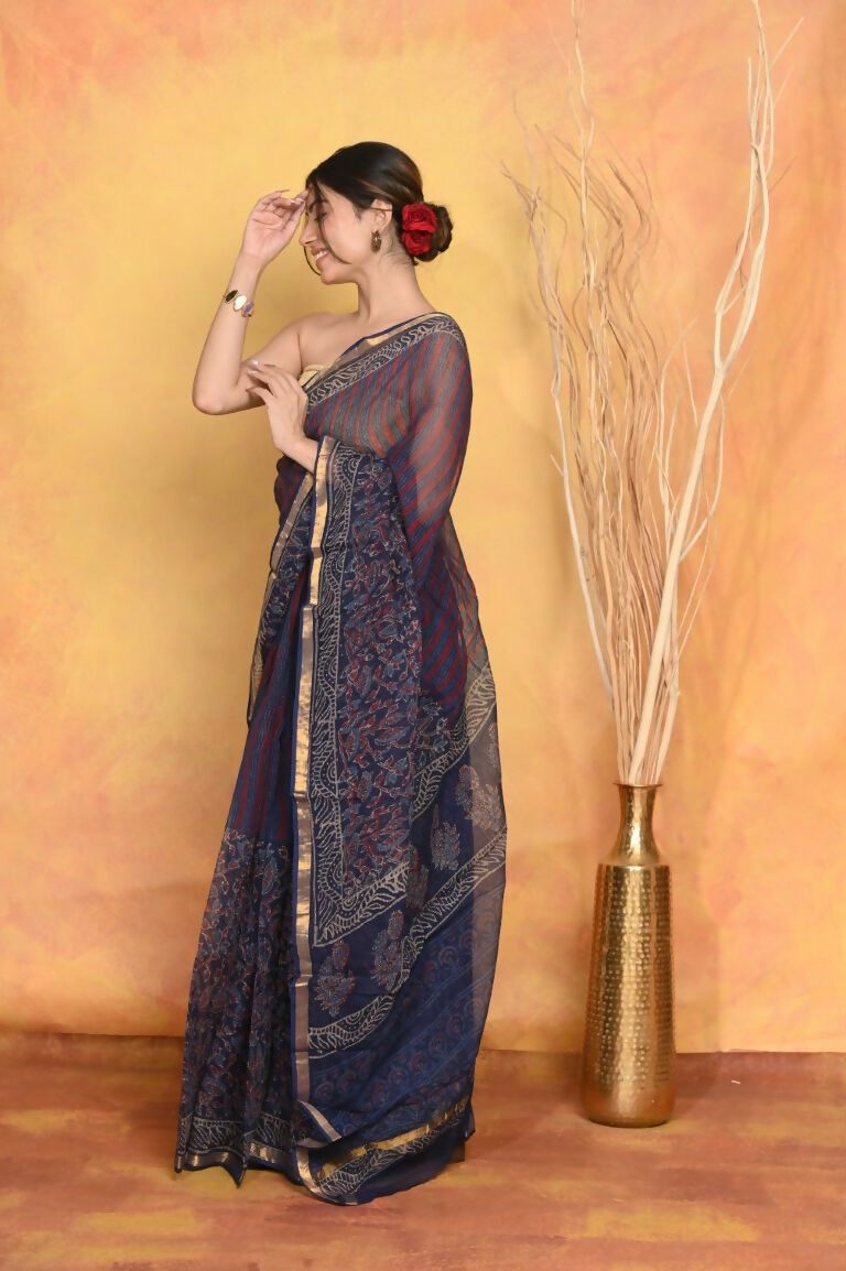 Very Much Indian Pure Kota Cotton Handblock Printed Saree - Dark Blue | Swadesiicart