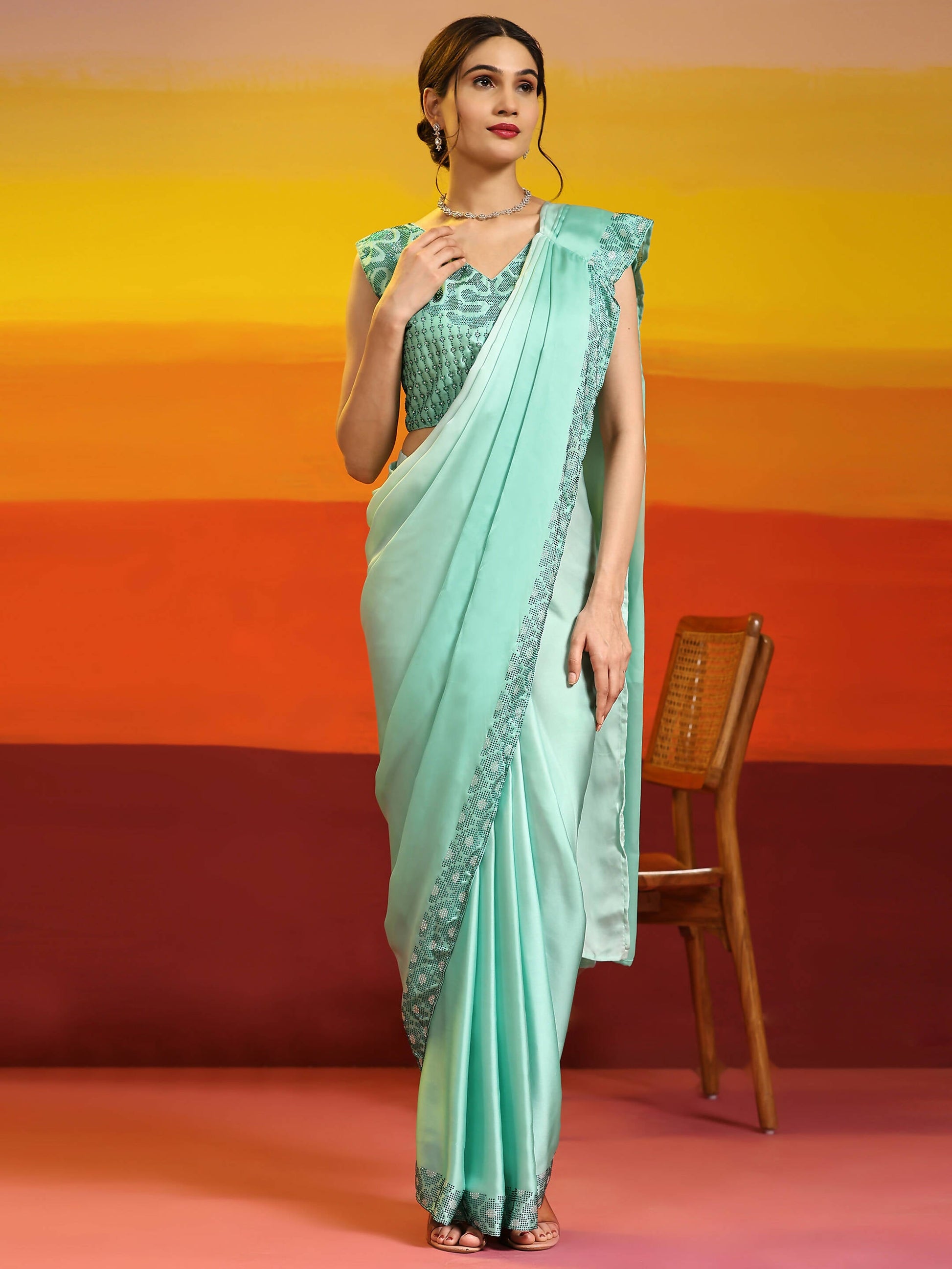 Sea Green Ombre Satin Georgette Plain Ready to wear Saree with stitched Blouse - Vrinda | Swadesiicart