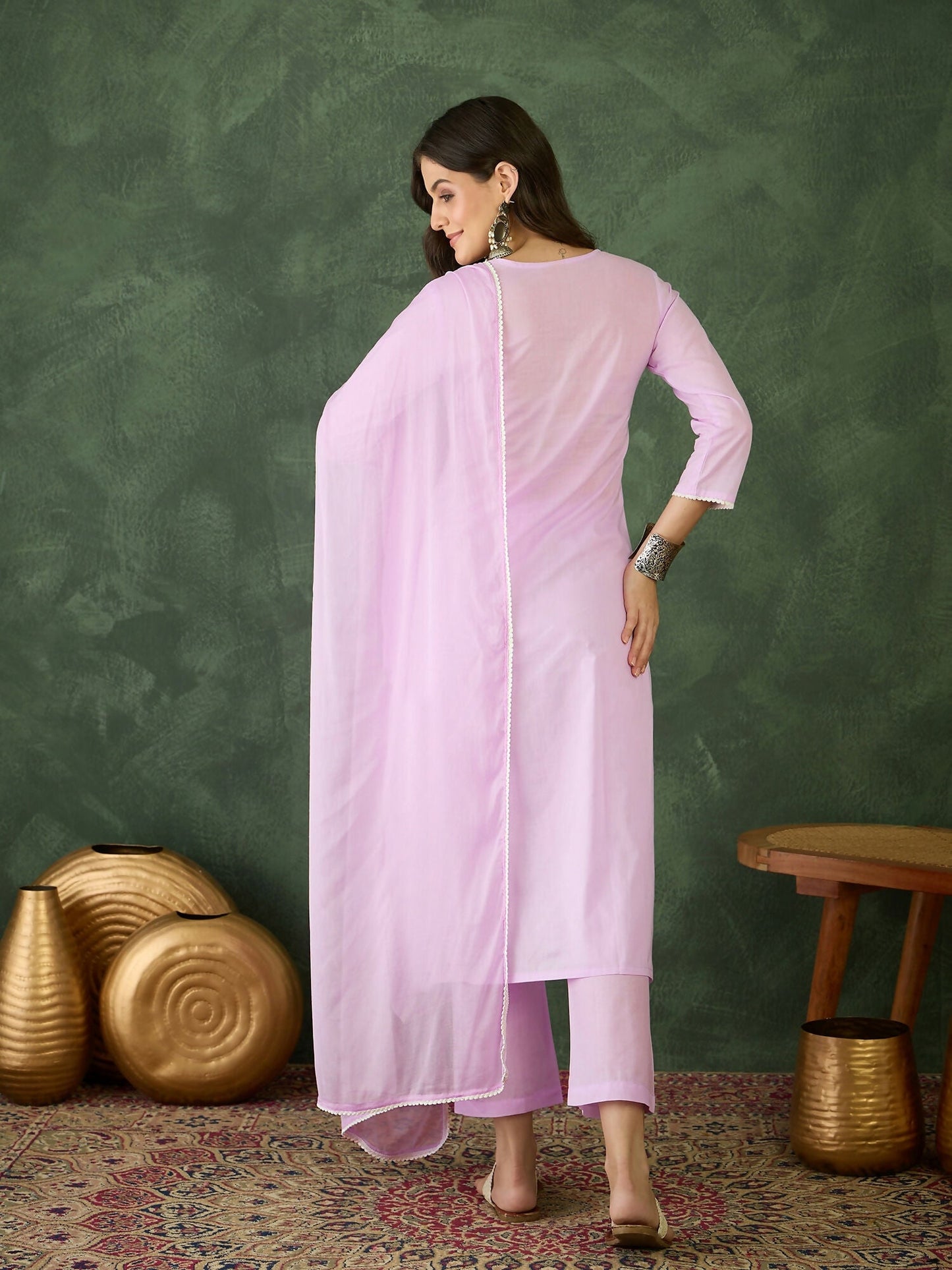 The52 Purple Women's Gorgeous Cotton Blend Fabric Thread Work Straight Kurta, Pant and Dupatta Set - Swadesiicart