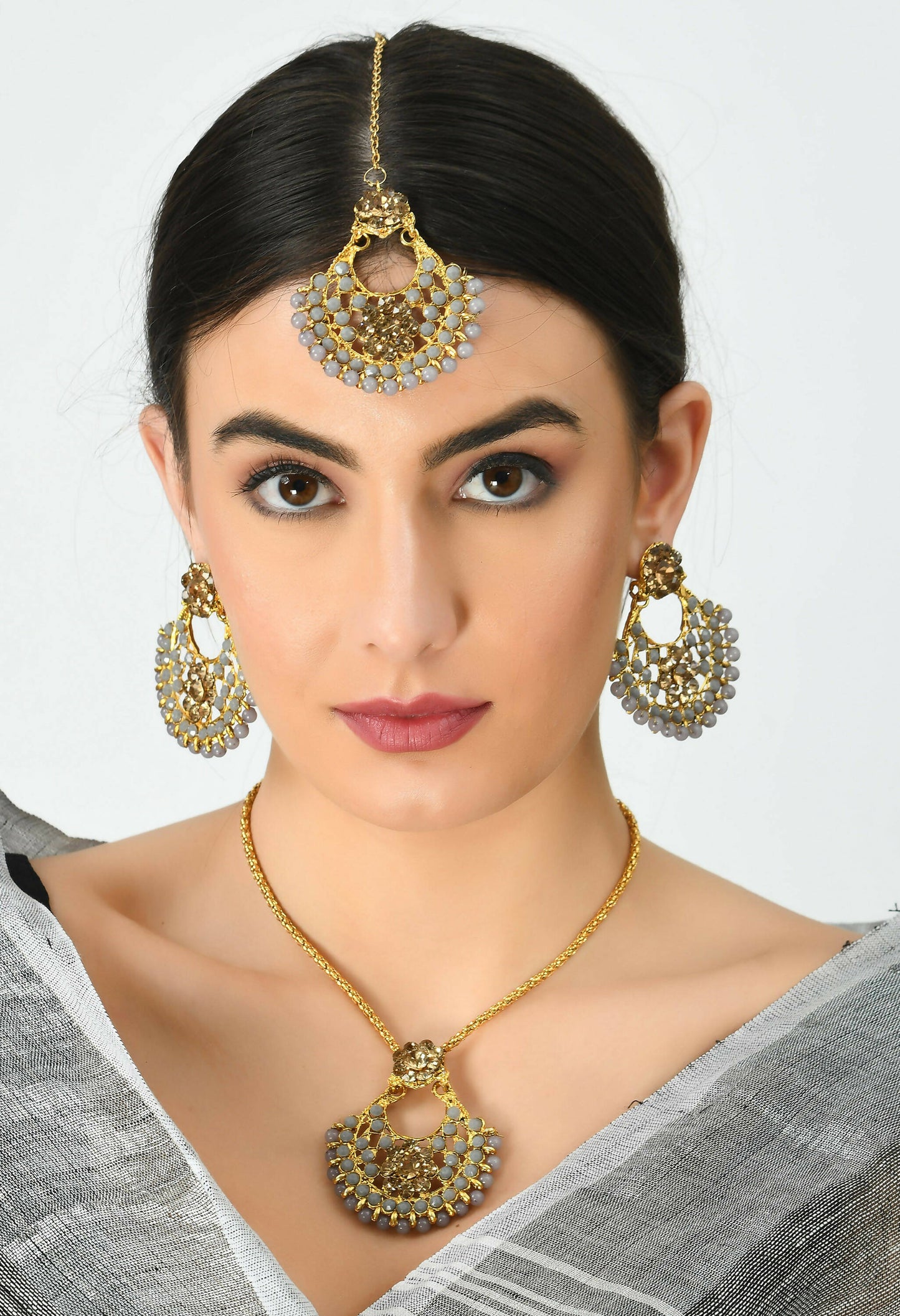 Mominos Fashion Johar Kamal Gold-Polished Brass Finish Long Necklace For Women (Golden/Grey) | Swadesiicart
