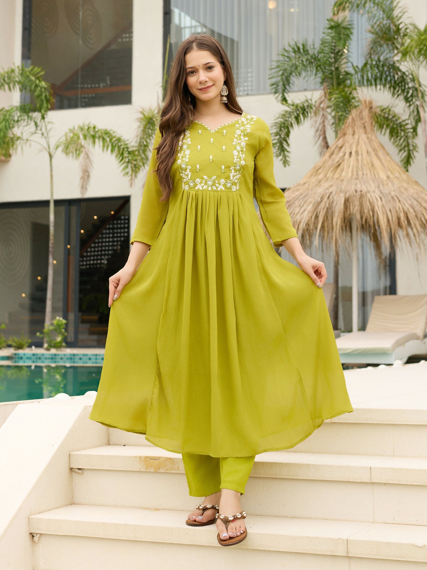 The52 Lemons Women's Gorgeous Chinon Embroidered Flared Kurta with Pant And Dupatta Set - Swadesiicart