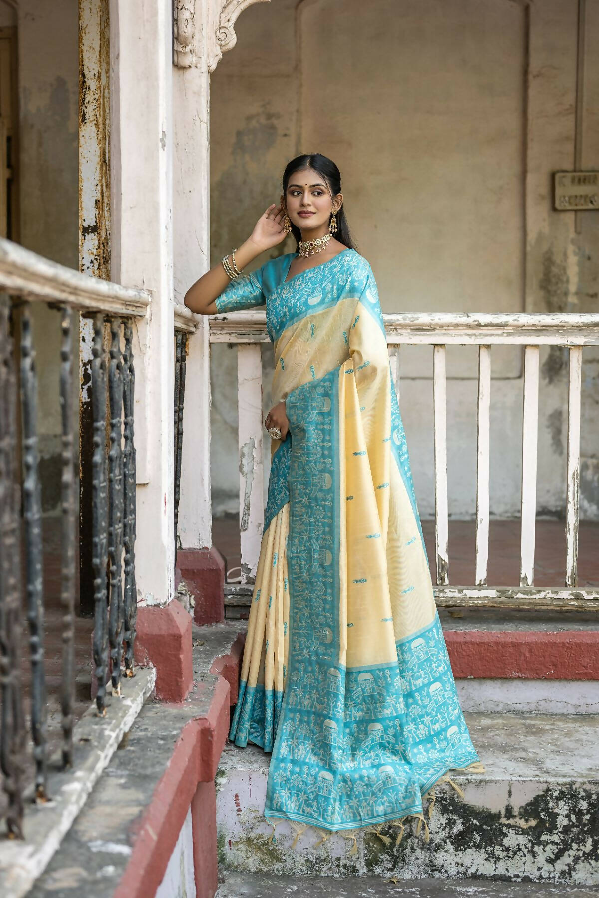 Vishnu Weaves Women's Firozi Handloom Raw Silk Woven Saree with Blouse - Swadesiicart