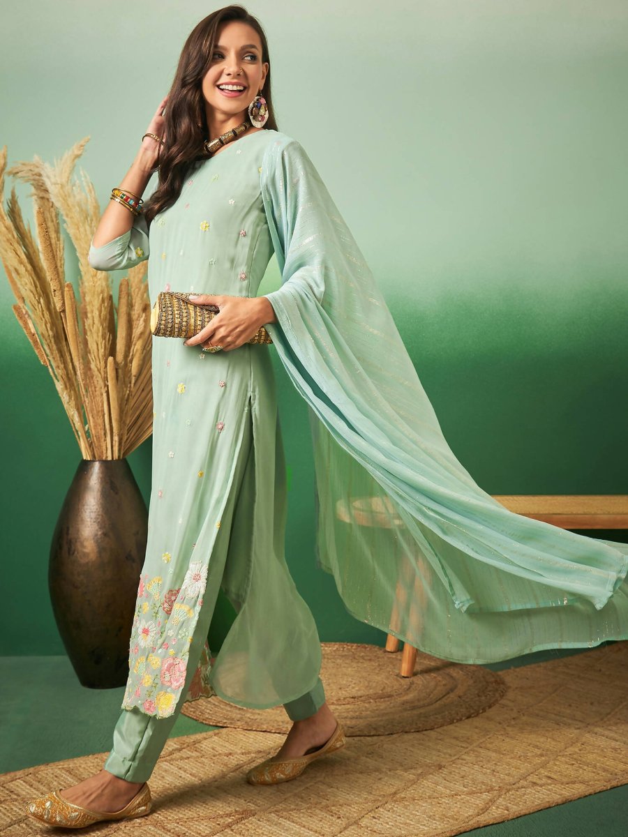 Aqua Blue Georgette Handwork Unstitched Dress Material - Hanika | Swadesiicart
