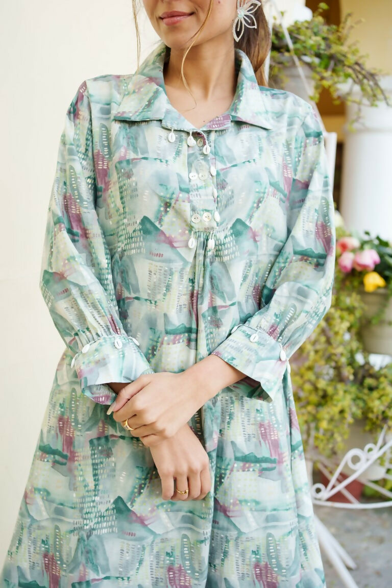 Vaasva Women Mint Muslin Printed Shirt & Pant Set - Swadesiicart