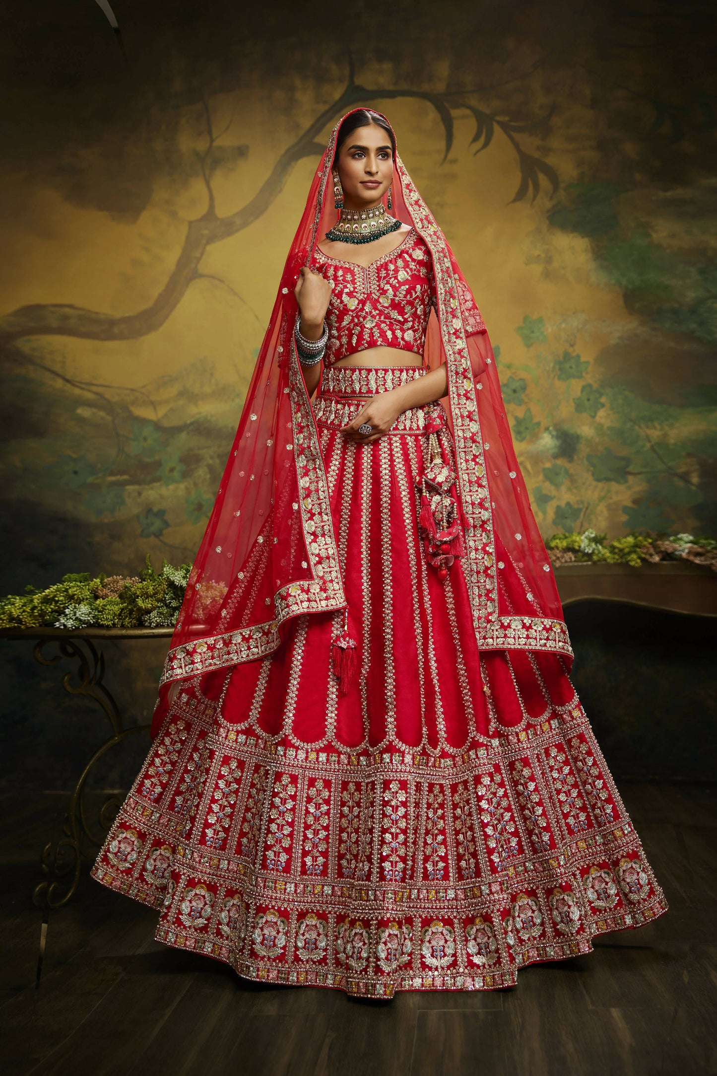 House of Panchhi Red Pure Silk Moti & Zarkan heavy embroidery Lehenga choli & Dupatta | Swadesiicart