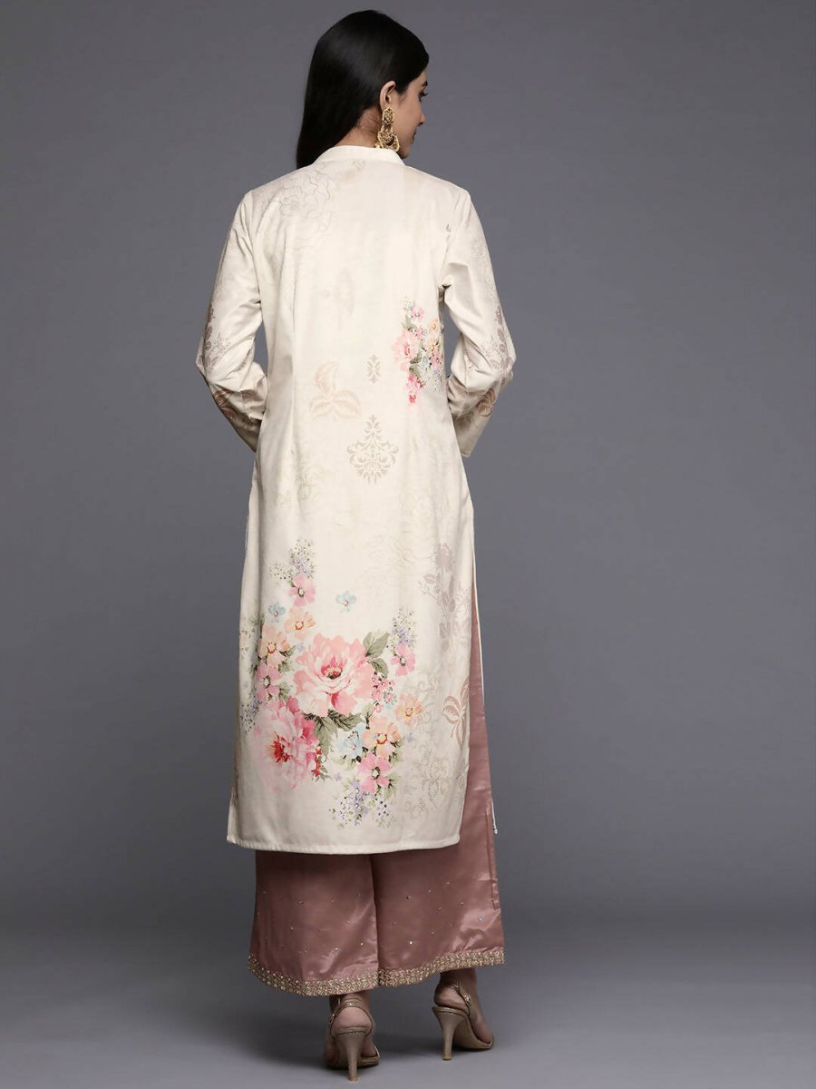 Ahalyaa Women Cream-Coloured & Pink Floral Printed Gotta Patti Floral Velvet Kurta | Swadesiicart