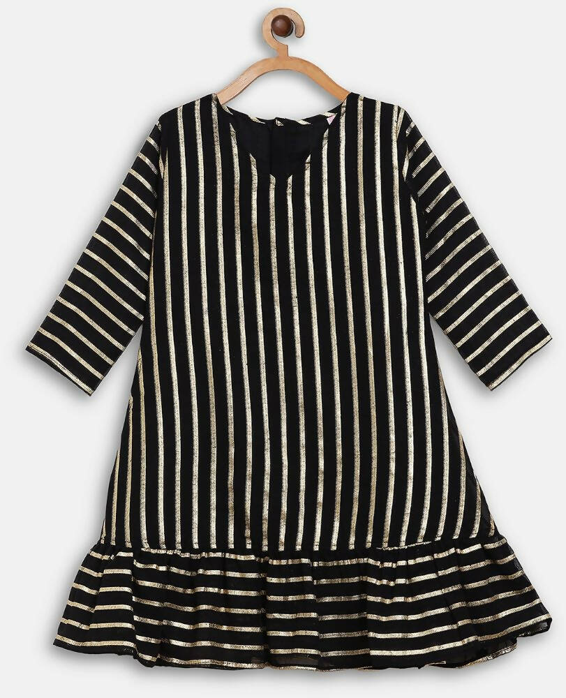 Ahalyaa Black Georgette Stripped Gold Printed Kids Kurta Pant Set For Girls | Swadesiicart
