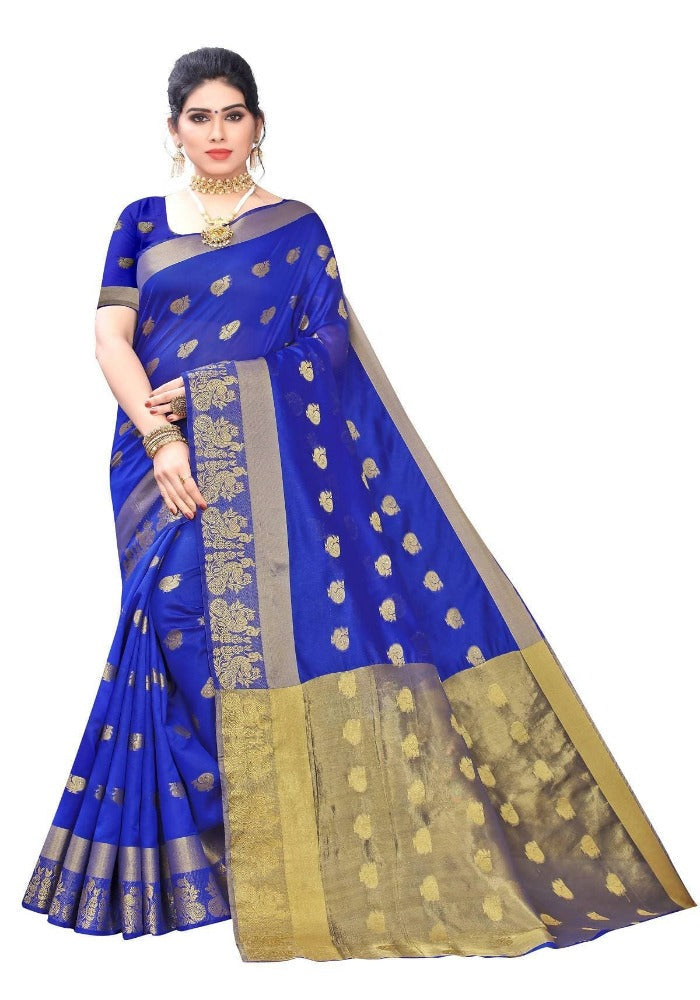 Vamika Banarasi Jacquard Weaving Blue With Gold Print Saree | Swadesiicart
