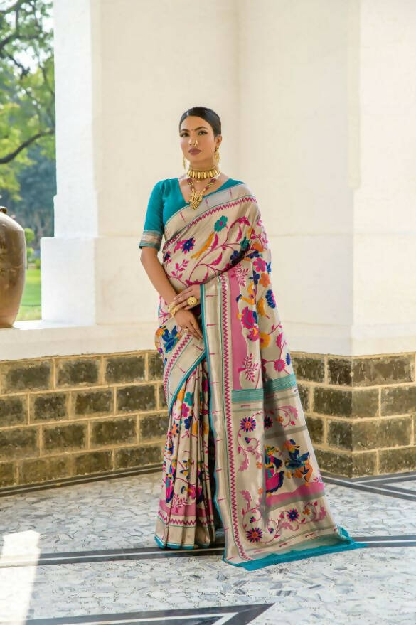 Vishnu Weaves Women's Rama Paithani Silk Zari Woven Saree with Unstitched Blouse - Swadesiicart