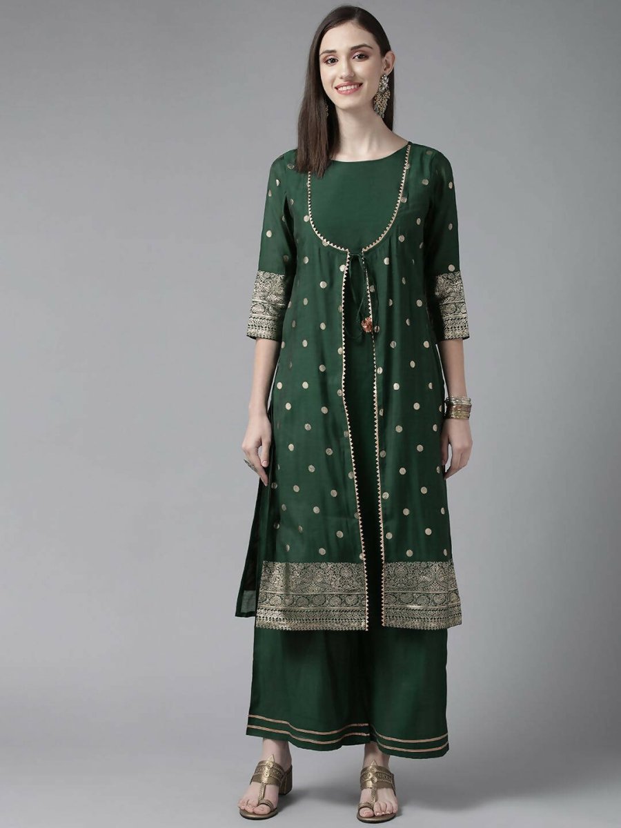 Ahalyaa Womens Dark Green Chanderi Gold Foil Printed Kurta Palazzo Set | Swadesiicart