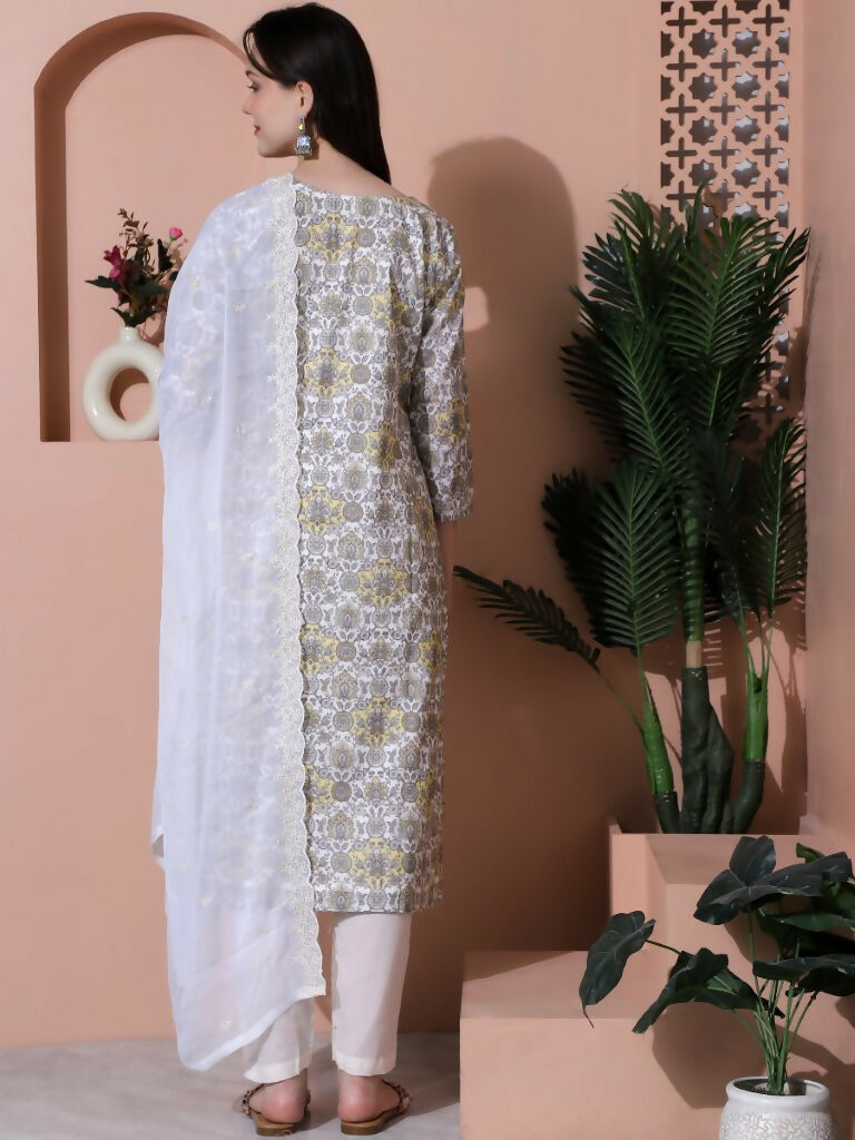 Jyoti Fashion Women's Off White Cotton Floral Digital Printed Kurta with Trouser & Dupatta | Swadesiicart