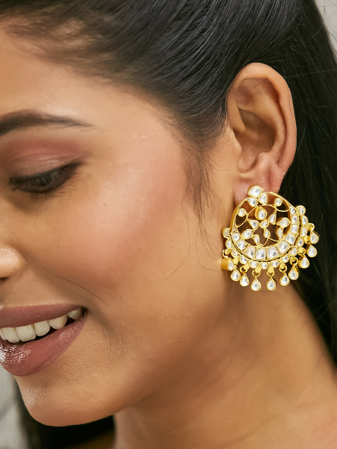 Nuyug 22K Gold-Plated Kundan Stone Studded & Pearl Beaded Moon Chandbalis | Swadesiicart