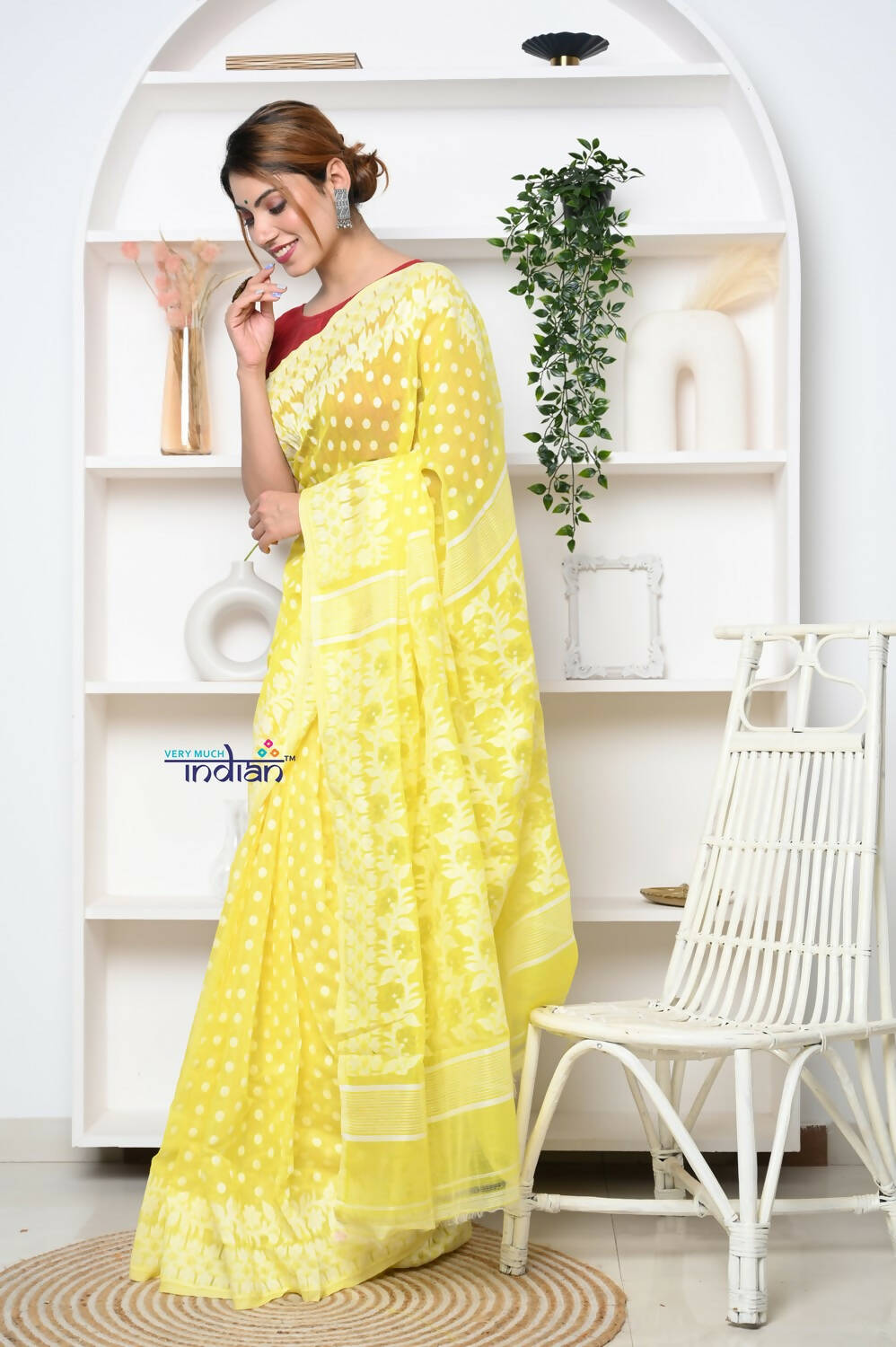 Very Much Indian Jamdhani Cotton Saree With Polka Dot Pallu - Lime Yellow | Swadesiicart