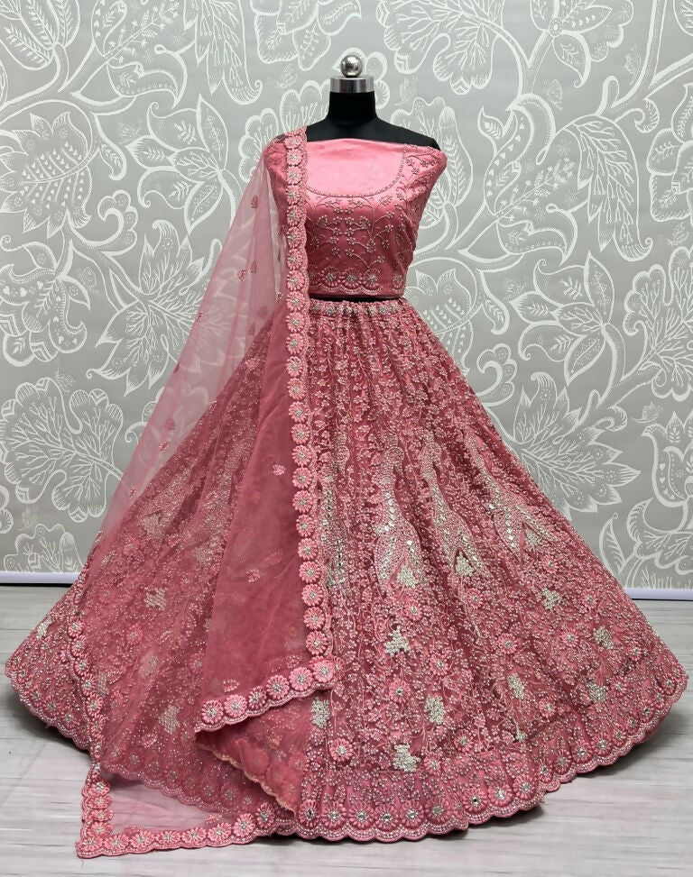 Jyoti Fashion Women's Pink Bridal Net Fancy Dori, Multi Thread, Hand Mirror and Diamond Work Wedding Lehenga Choli | Swadesiicart