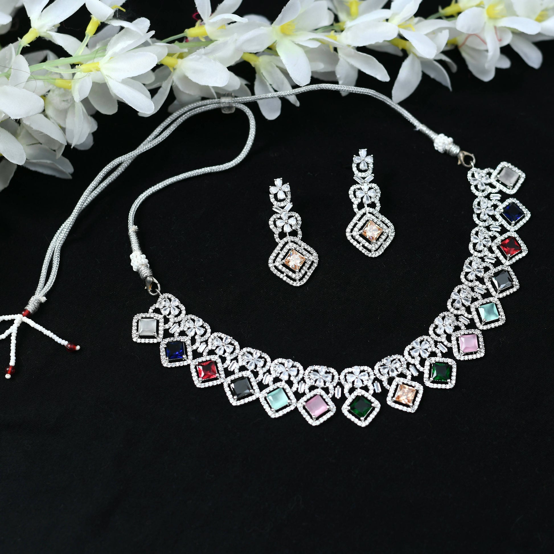 Mominos Fashion Johar Kamal Women Silver-Plated American Diamond Multi Colour Choker Set | Swadesiicart