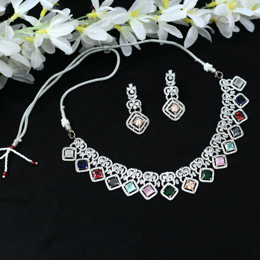 Mominos Fashion Johar Kamal Women Silver-Plated American Diamond Multi Colour Choker Set | Swadesiicart