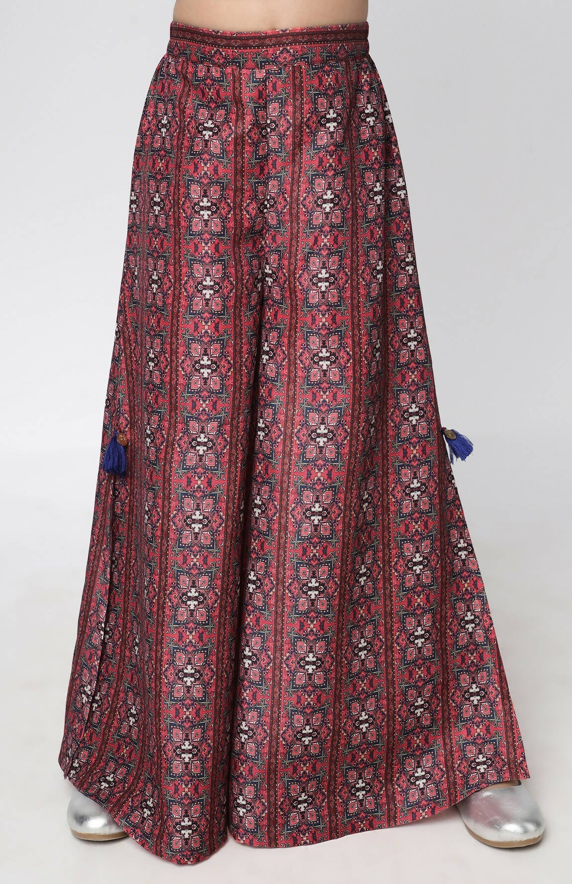 Lil Drama Ethnic Twist Girls Red Print Flared Palazzo With Top And Jacket Co-Ordinate Set - Swadesiicart