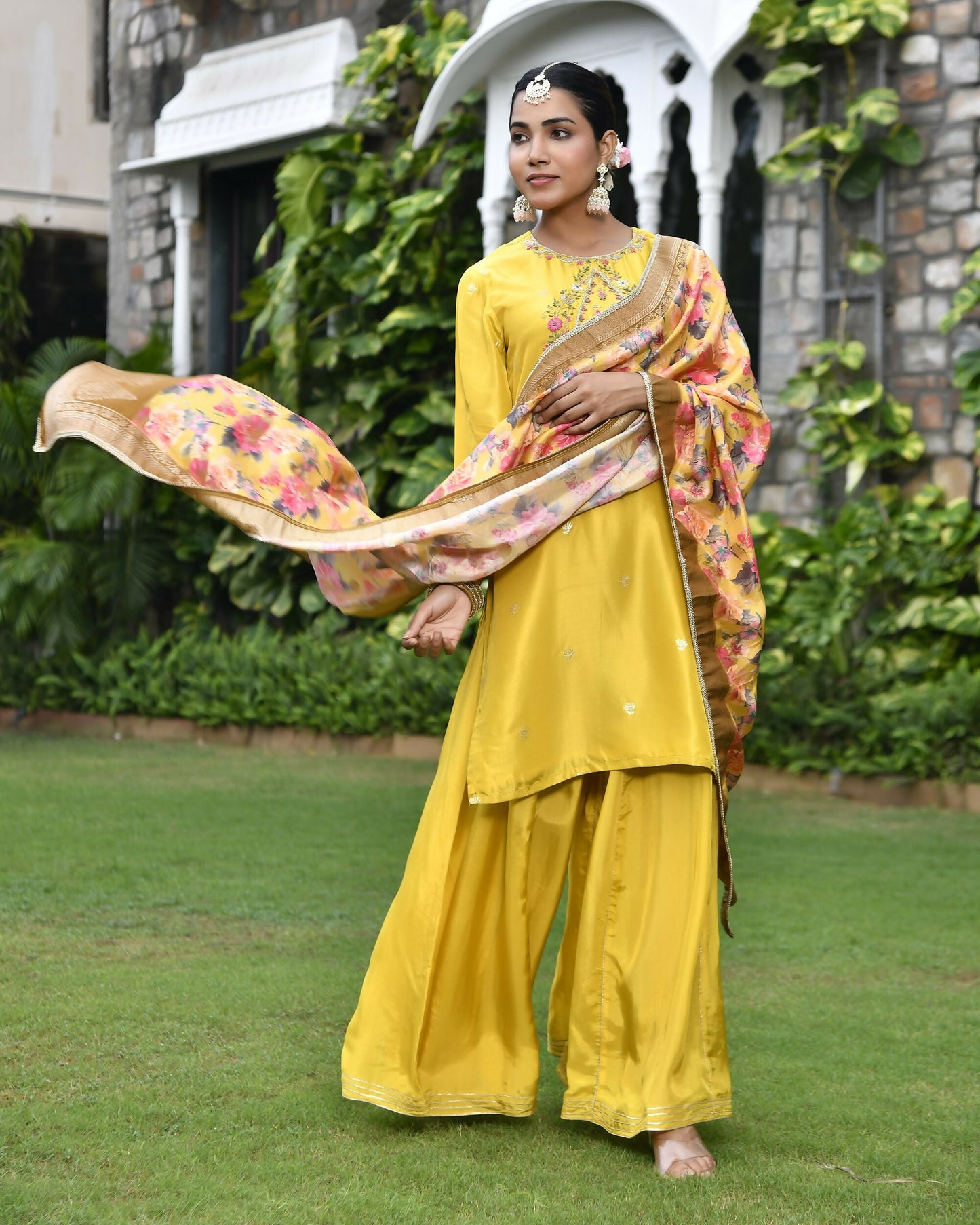 Vaasva Women's Silk Mustard Emboidered Solid Kurta, Sharara & Dupatta Set | Swadesiicart