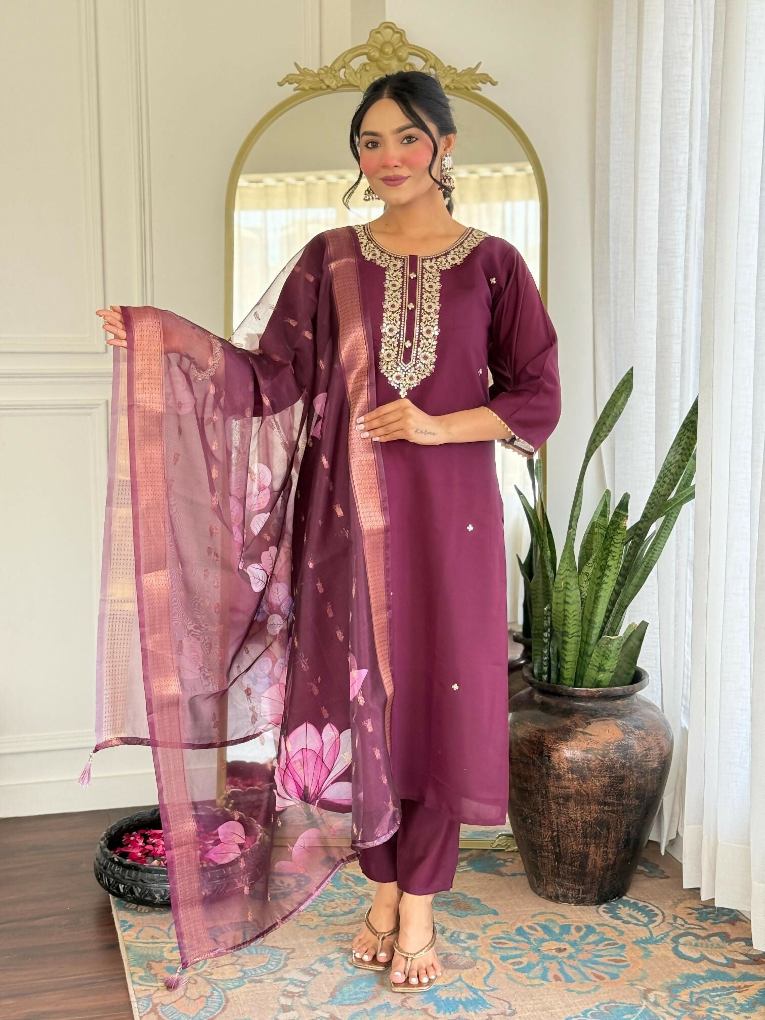 The52 Wine Women's Gorgeous Rayon Fabric Embroidered Work Straight Kurta Pant and Dupatta Set - Swadesiicart