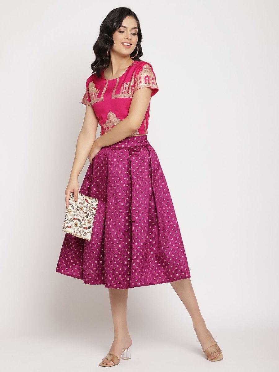 Ahalyaa Women's Pink Poly Silk Gold Foil Print Top With Skirt | Swadesiicart