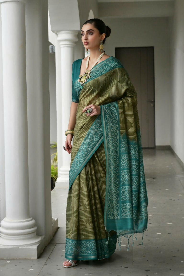 Vishnu Weaves Women's Rama Soft Tussar Silk Printed Saree with Blouse - Swadesiicart