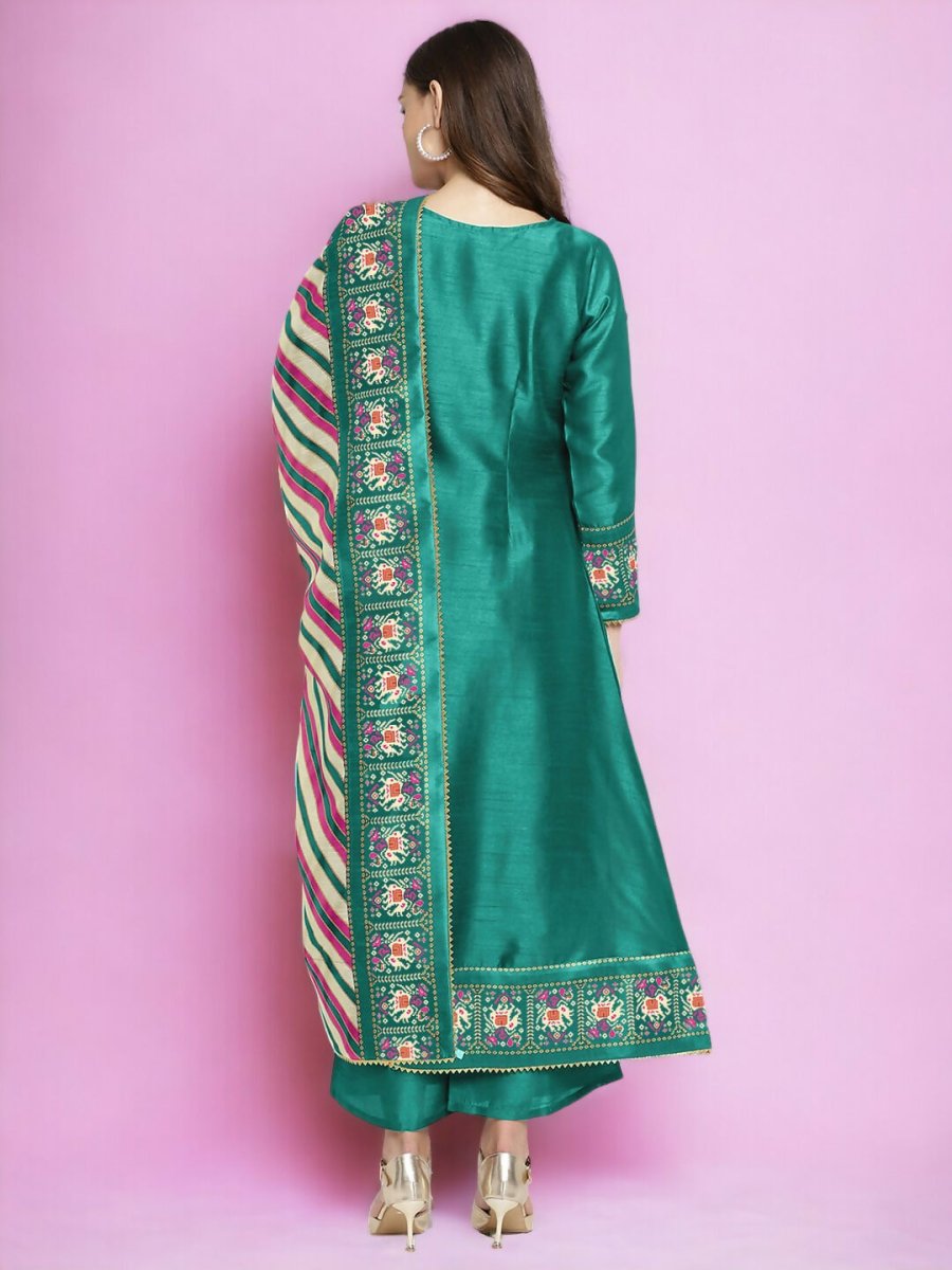 Ahalyaa Women Sea Green Printed Gotta Patti Kurti with Palazzos & Dupatta - Sea Green | Swadesiicart