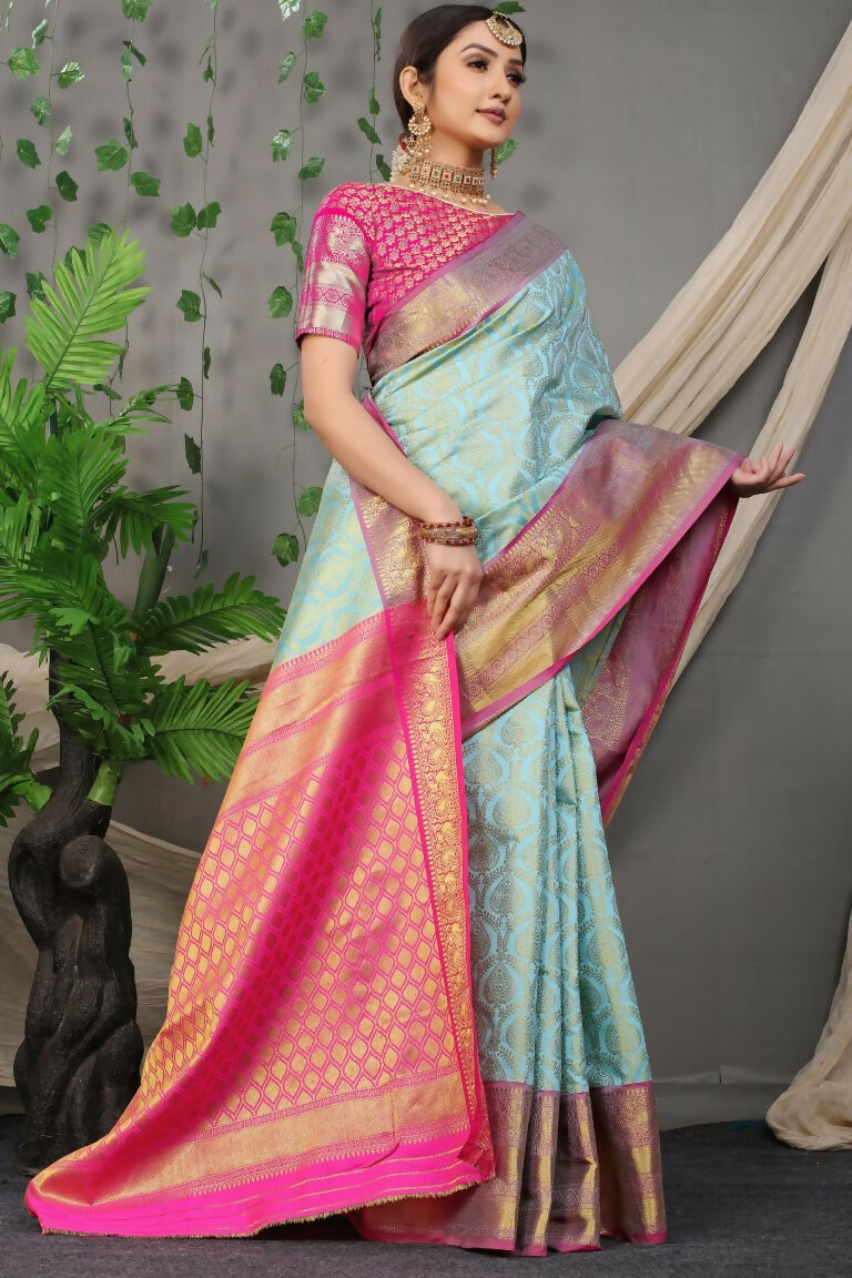 Jyoti Fashion Women's Sky Blue Kanjivaram Silk Zari Woven Saree with Blouse | Swadesiicart
