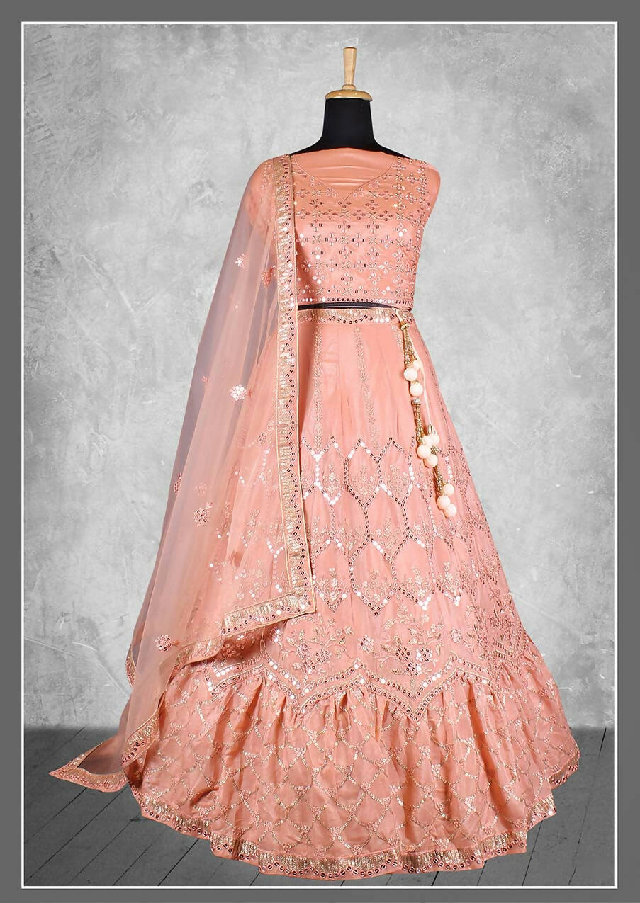 Peach Satin Silk Sequins and cord embroidery, cut work Bridal lahenga Choli with Dupatta - Nimaya Pavitra Rista | Swadesiicart