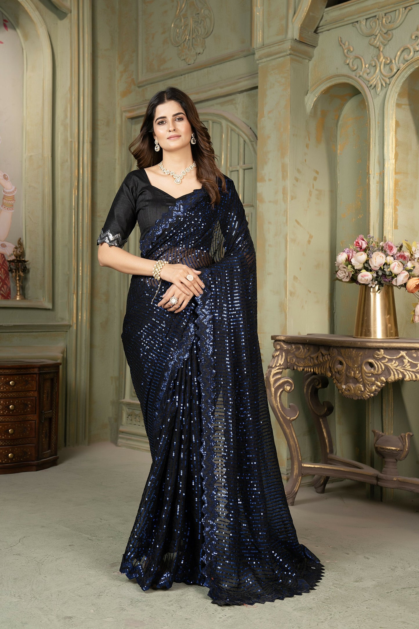 Dishitha Creation Indian Women's Designer Georgette Sequence Saree - Blue | Swadesiicart