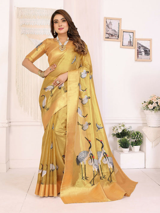 Joban Fashion Golden Cranes Patterns Banarasi Silk Sarees | Swadesiicart