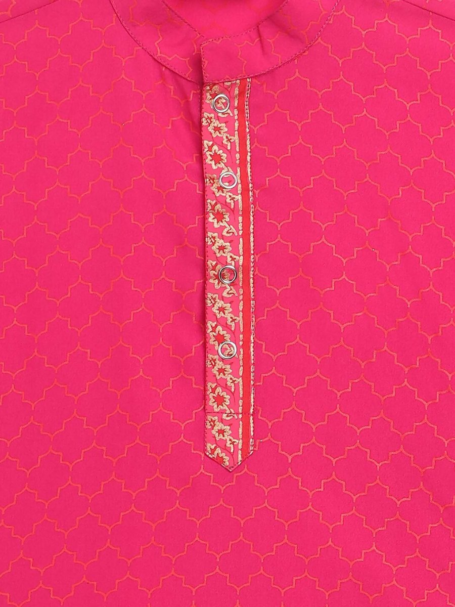 Ahalyaa Pink Crepe Orange Khari Print Kids Kurta Churidar Set For Boys | Swadesiicart