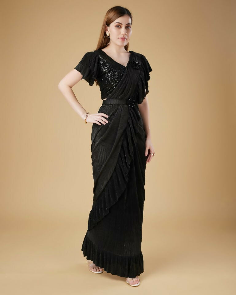 Black Imported Crush Solid Ready to Wear Saree with stitched Blouse - Aayan | Swadesiicart