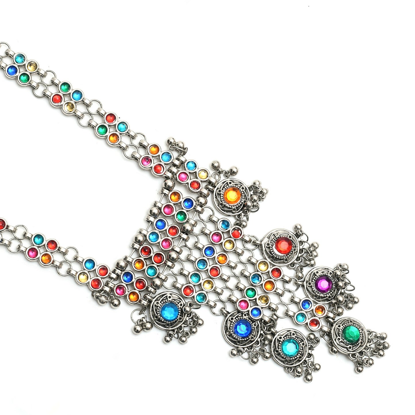 Mominos Fashion Johar Kamal Oxidised Silver-Plated Brass Finish Multi Kundan Afghani Long Necklace For Women | Swadesiicart