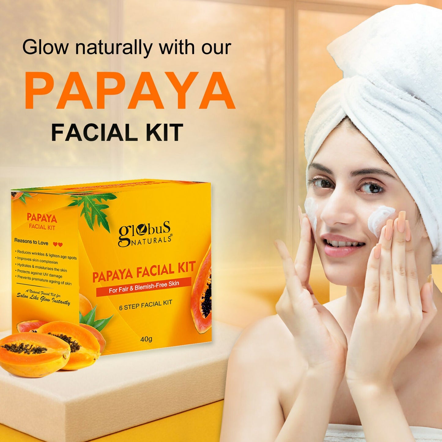Globus Naturals Papaya Facial Kit For Blemish Free Skin & Anti-Pigmentation, 6 Steps | Swadesiicart