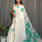 Exclusive Collection Beautiful White Green Pure Cotton Hand Print Handloom Saree With Running Blouse Piece - Swadesiicart