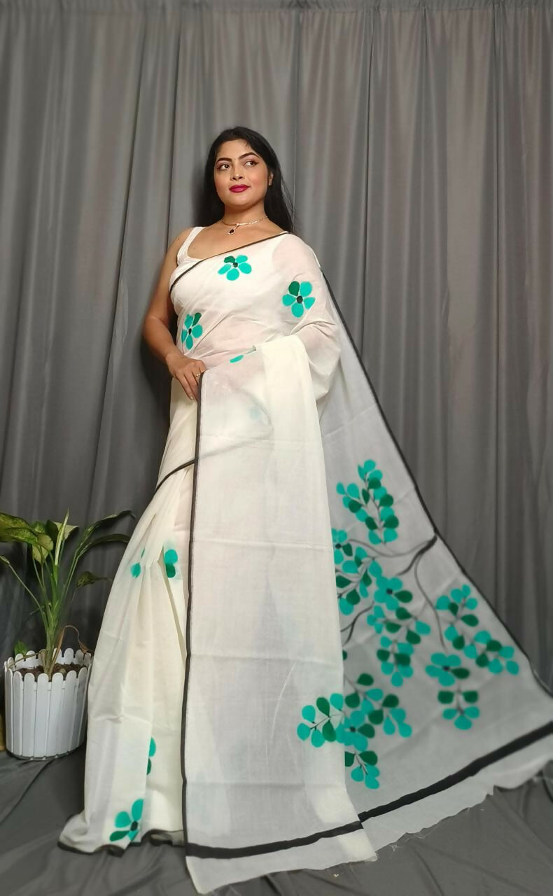 Exclusive Collection Beautiful White Green Pure Cotton Hand Print Handloom Saree With Running Blouse Piece - Swadesiicart