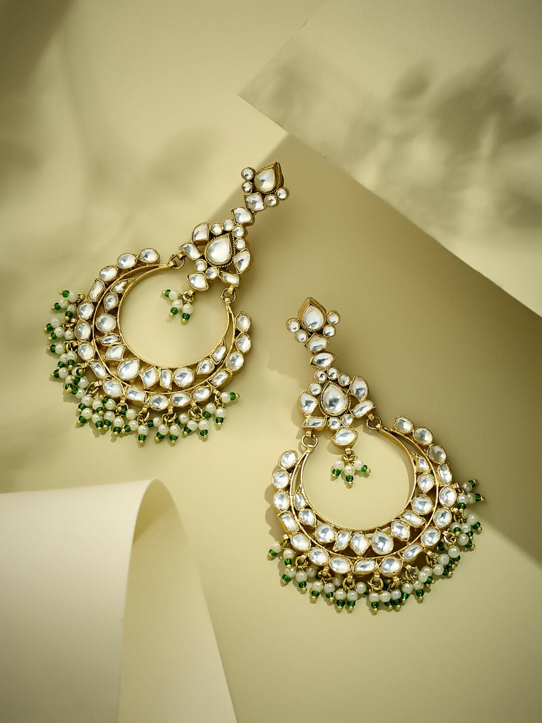 Nuyug 22K Gold-Plated Elegant Kundan Studded & Beaded Floral Chandbali Earrings | Swadesiicart
