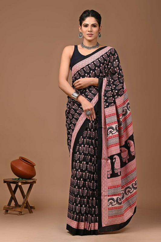 Exclusive Collection Black Multi Beautiful Mulmul Cotton Saree - Swadesiicart