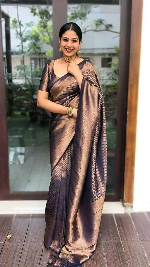 DEIANA'S Beautiful Designer Golden zari Soft Lichi Silk Saree - Navy Blue - Swadesiicart