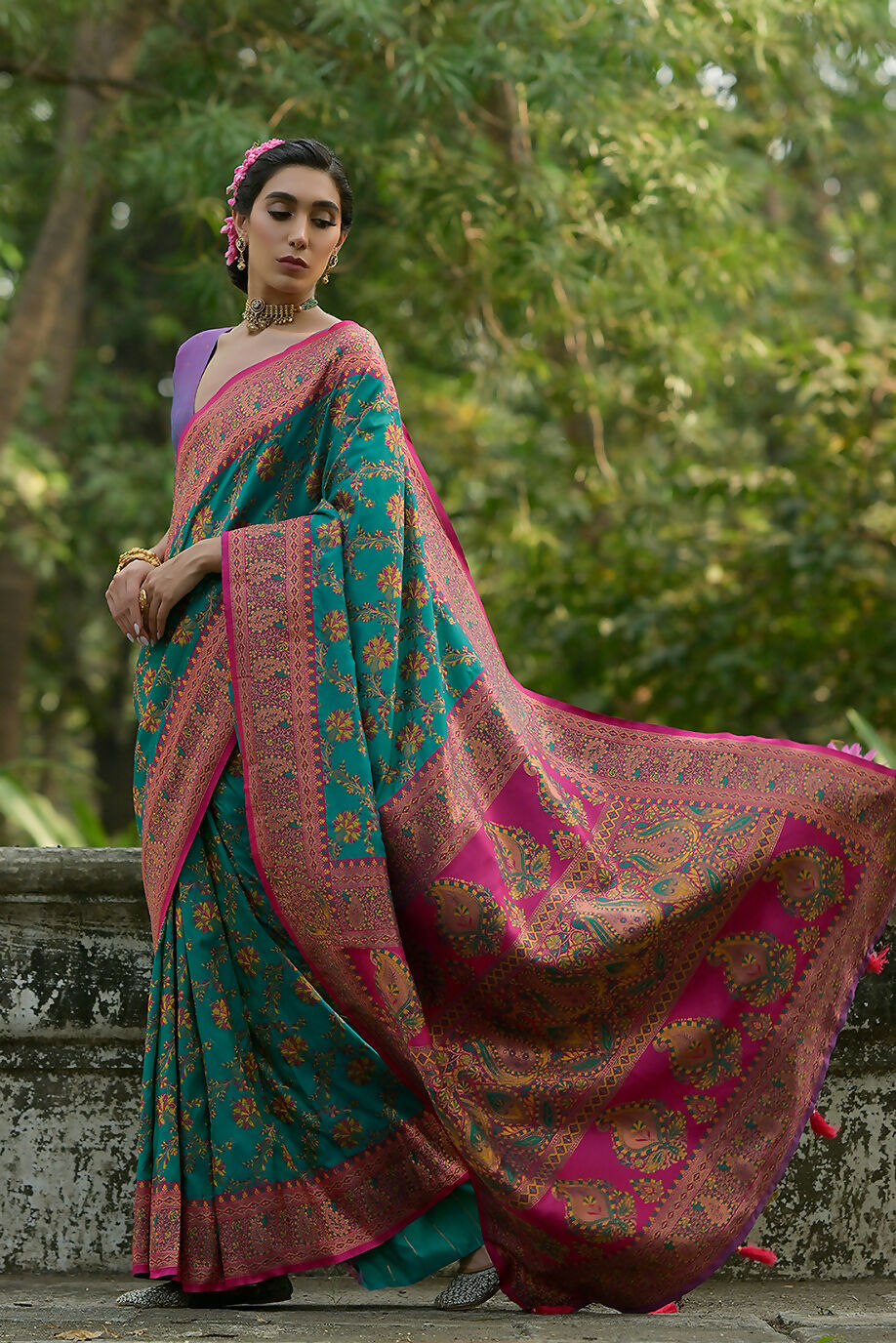 Vishnu Weaves Women's Rama Pashmina Silk Thread Woven Saree with Blouse - Swadesiicart